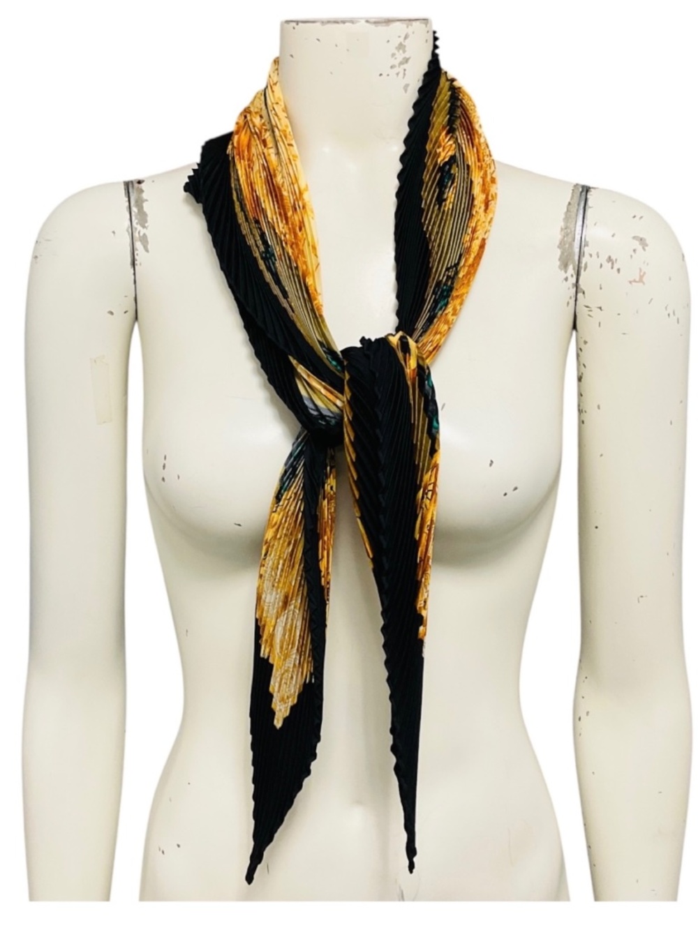 HERMES BLACK MULTI AZULEJOS PRINT PLISSE PLEATED SILK TWILL SCARF - Picture 2 of 6